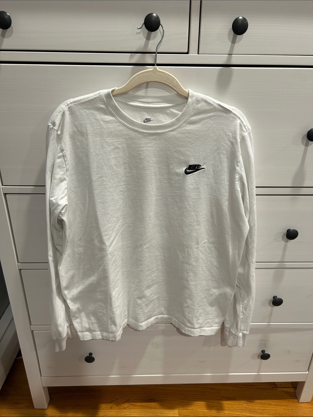 Nike White Long-Sleeve Crew with Black Swoosh